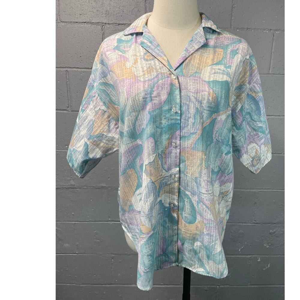 Vintage 80s Tropical Floral Hawaiian Shirt Stock Market Novelty Print Pastel Med